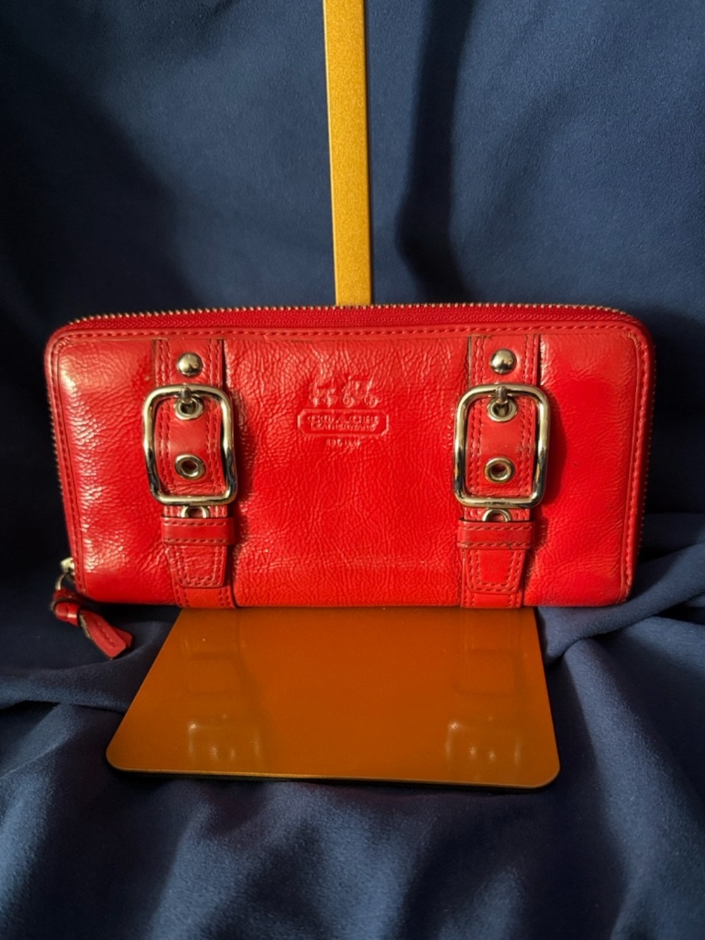 Coach Red Leather Zip Wallet with Buckle Details